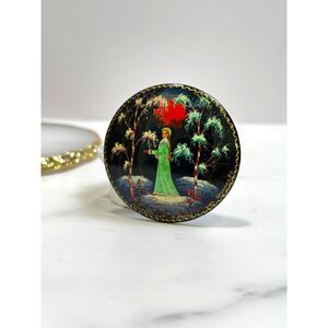 Vintage Hand-painted Russian Black Lacquered Brooch "Snow Maiden"
